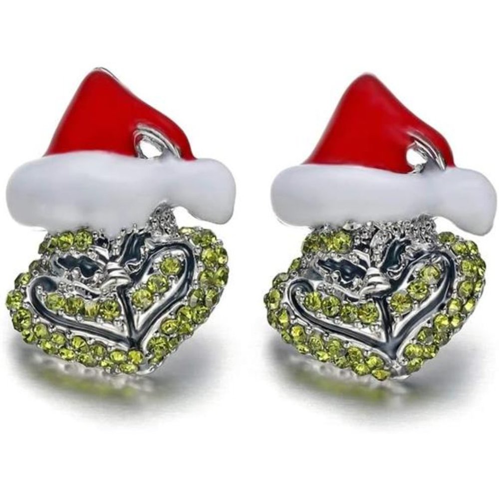 Grinch Santa Stud Earrings Full Rhinestones Christmas Earrings New Year Gift